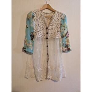 gimmicks by bke lace patchwork‎ button up cardigan size S quarter sleeve